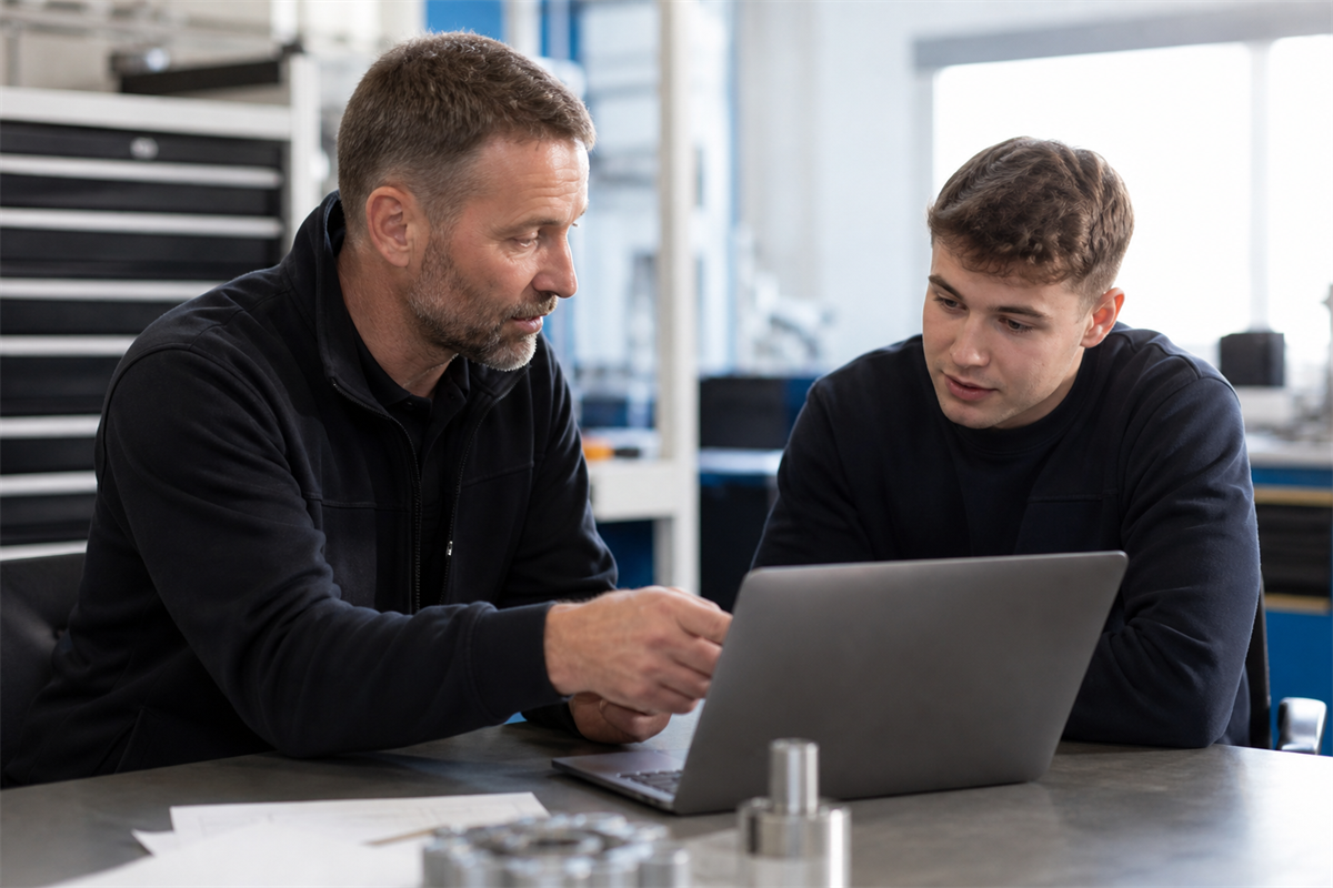A technical workplace coach discussing a project with an adult colleague