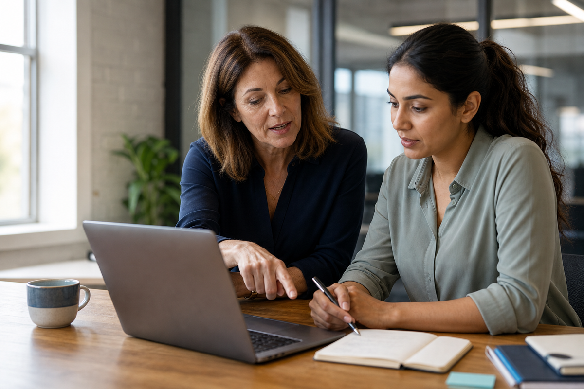 An experienced mentor supporting an adult learner at a laptop